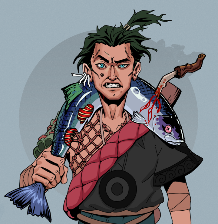 Akuma — Degen Dojo NFT art (Chicken Bones, Grey Mist, Degens, Village Leader, Akuma, Shirtless Runt, Messy Ponytail, Dead Fish, Mint)