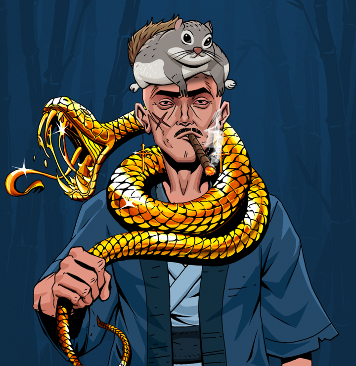 Raikou The Stoner — Degen Dojo NFT art (Golden Jesuit Crosses, Night Forest, Degens, Blue Warrior Kimono, Raikou The Stoner, Shirtless Runt, Mr. Momonga Hat, Golden Snake, Mint)