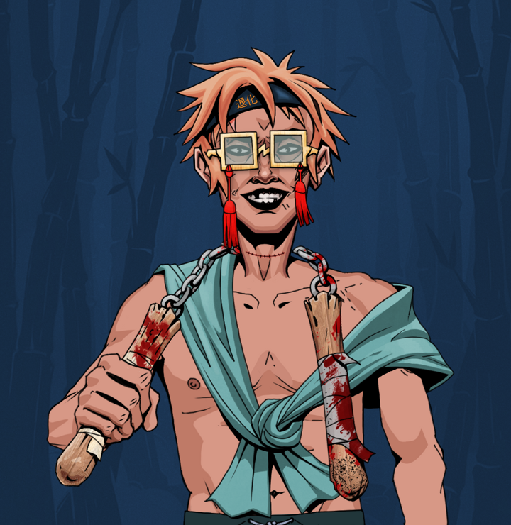 Junichiro Reborn — Degen Dojo NFT art (Shirtless Runt, Night Forest, Degens, Queeny Chic, Junichiro Reborn, Shoji Tassel Glasses, Tiger Headband Ruffian, Bloody Nunchucks, Mint)