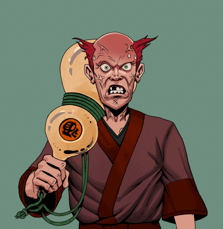 Angry Ikari — Degen Dojo NFT art (Shirtless Runt, Olive Green, Degens, Proud Dejen Kimono, Angry Ikari, Red Heihachi, Giant Sake Bottle, Mint)