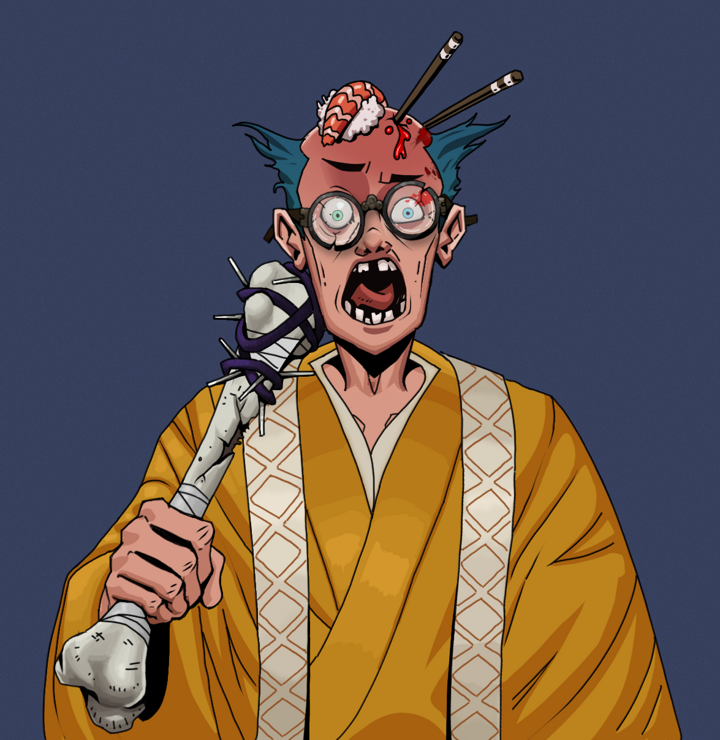 Tokuda — Degen Dojo NFT art (Shirtless Runt, Blue Evening, Degens, Ordained Dejen, Tokuda, Bloodied Glasses, Sushi Fight, Spiky Femur, Mint)