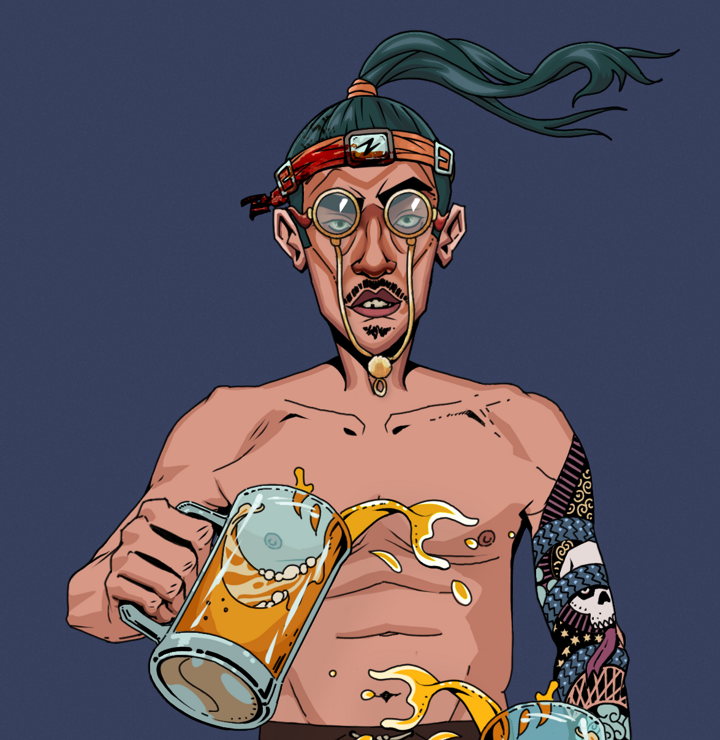 Gloomy Masumi — Degen Dojo NFT art (Shirtless Runt, Blue Evening, Degens, Skull Sleeve, Gloomy Masumi, Pompous Glasses, Green Bandana, Beer Splash, Mint)