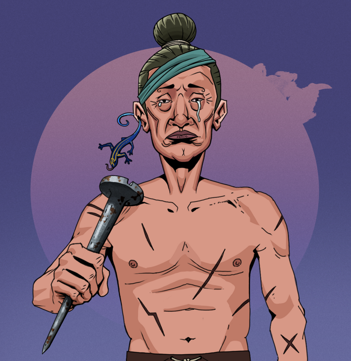 Teary Goro — Degen Dojo NFT art (Lizard, Purple Night, Degens, Battle Scars, Teary Goro, Shirtless Runt, Hair Bun, Rusty Nail, Mint)