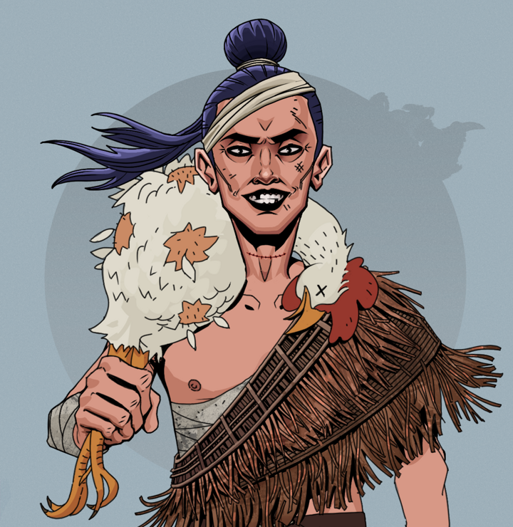 Junichiro Reborn — Degen Dojo NFT art (Shirtless Runt, Grey Mist, Degens, Dried Straw, Junichiro Reborn, Long Flowing, Chicken, Mint)