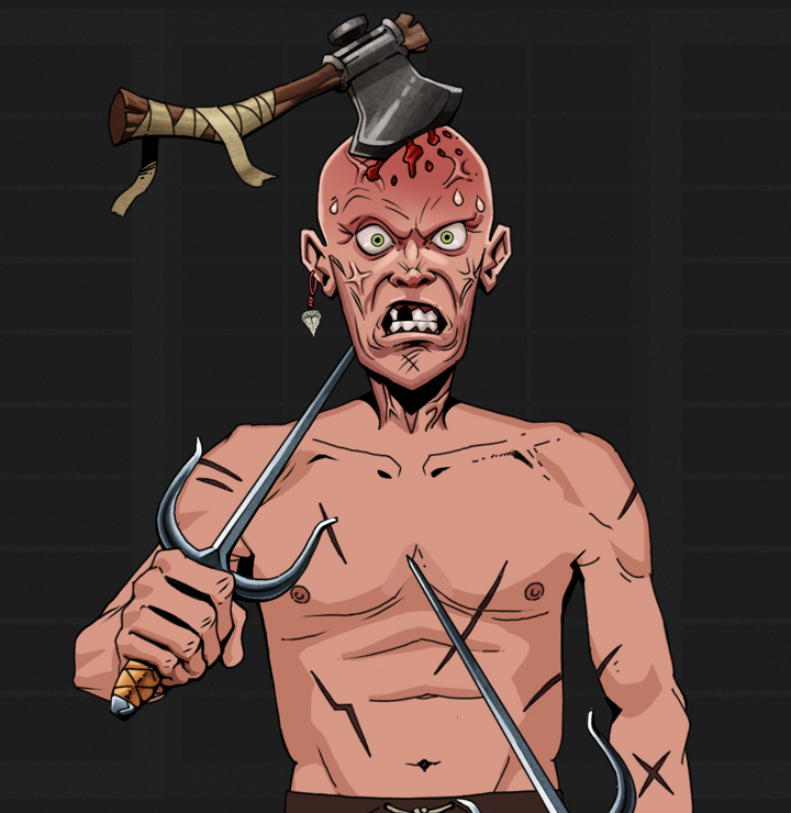 Angry Ikari — Degen Dojo NFT art (Shark Tooth, Shoji Night, Degens, Battle Scars, Angry Ikari, Shirtless Runt, Splitting Axe Ache, Dual Sai, Mint)