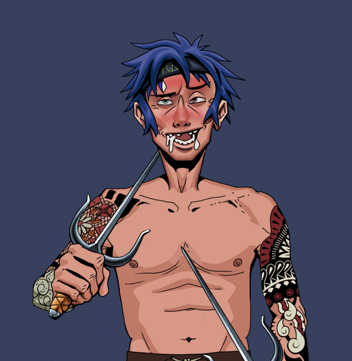 Yuuki — Degen Dojo NFT art (Shirtless Runt, Blue Evening, Degens, Yakuza Tattoo Sleeves, Yuuki, Bum Headband Ruffian, Dual Sai, Mint)