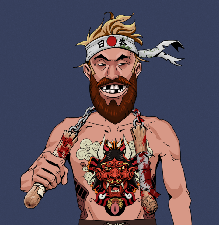 Igor The Bear — Degen Dojo NFT art (Shirtless Runt, Blue Evening, Degens, Red Oni Tattoo, Igor The Bear, Karate Headband, Bloody Nunchucks, Mint)