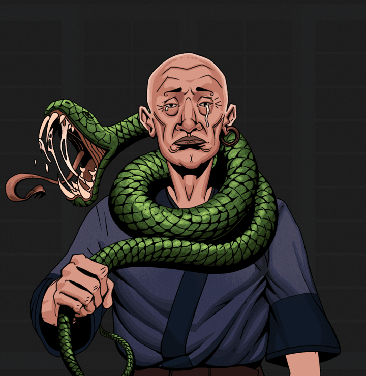 Teary Goro — Degen Dojo NFT art (Wooden Loop, Shoji Night, Degens, Fuck You Kimono, Teary Goro, Shirtless Runt, Bald, Enchanted Snake, Mint)