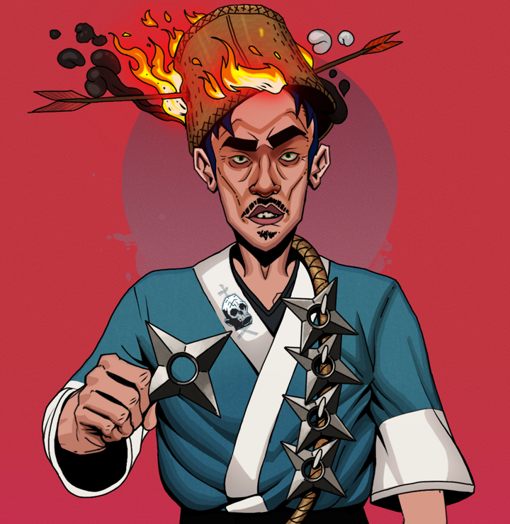 Gloomy Masumi — Degen Dojo NFT art (Shirtless Runt, Red High Moon, Degens, Skull Kimono, Gloomy Masumi, Burning Basket, Shuriken Belt, Mint)