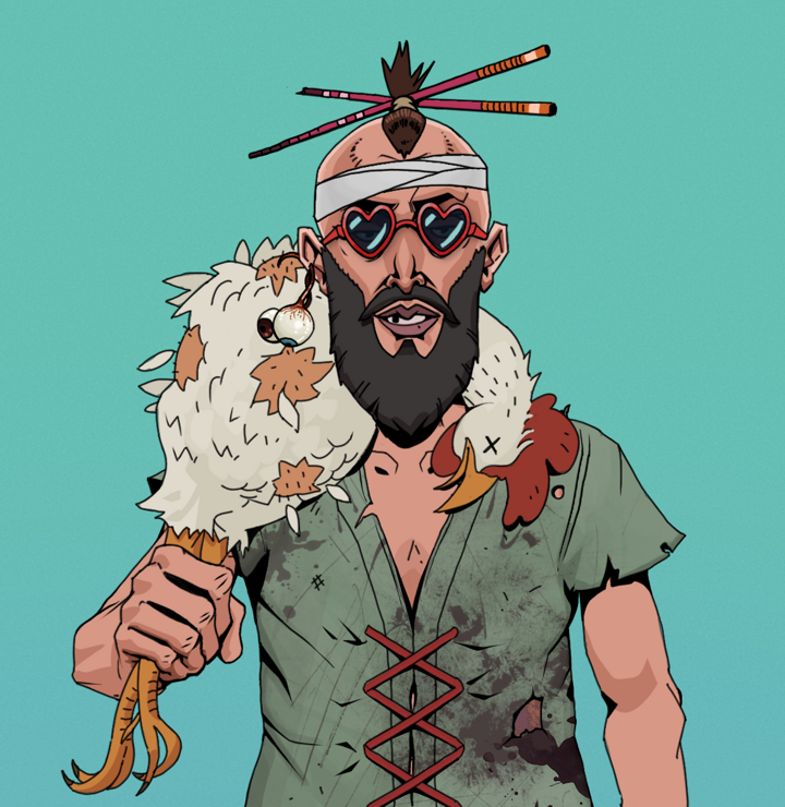 Serious Oleg — Degen Dojo NFT art (Shaman Eyes, Teal Daytime, Degens, Dirty Peasant Rags, Serious Oleg, Loveheart Shades, Hair Bun With Chopsticks, Chicken, Mint)