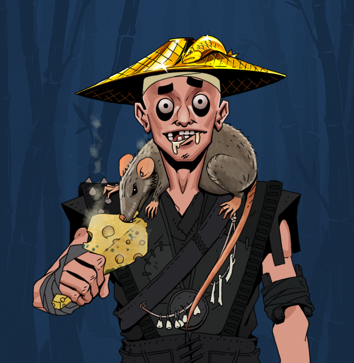 Drooling Azuma — Degen Dojo NFT art (Shirtless Runt, Night Forest, Degens, Warlock Wannabe, Drooling Azuma, Golden Kasa Fisherman, Mr. Rumi The Rat, Mint)
