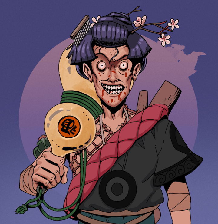 Assassin Fuzen — Degen Dojo NFT art (Shirtless Runt, Purple Night, Degens, Village Leader, Assassin Fuzen, Disheveled Geisha, Giant Sake Bottle, Mint)