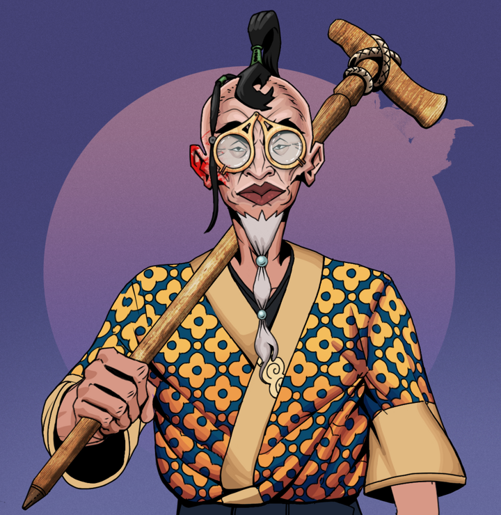 Yuji The Wise — Degen Dojo NFT art (Shirtless Runt, Purple Night, Degens, Yellow Flowers Silk Kimono, Yuji The Wise, Pocket Glasses, Dejen Samurai, Wooden Walking Cane, Mint)