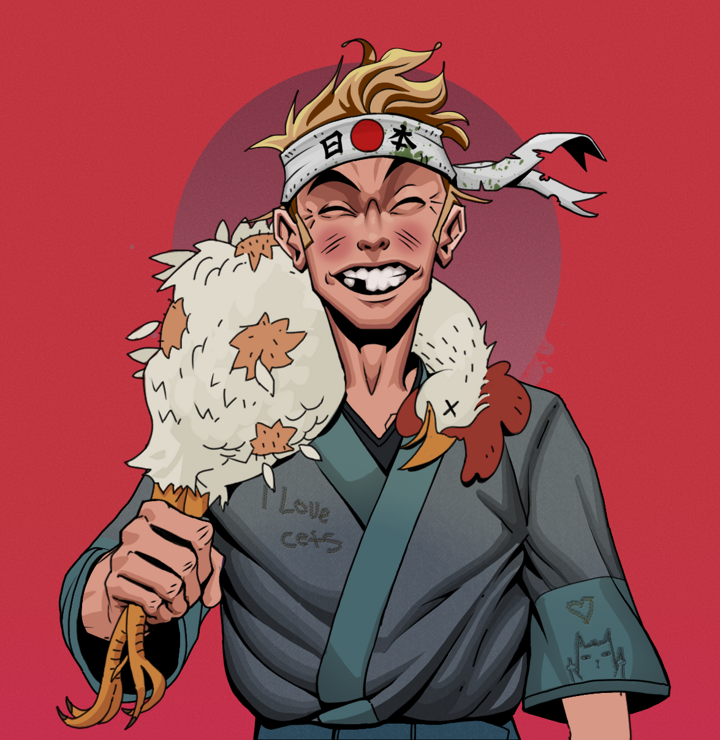 Cheery Haru — Degen Dojo NFT art (Shirtless Runt, Red High Moon, Degens, Cet Kimono, Cheery Haru, Karate Headband, Chicken, Mint)