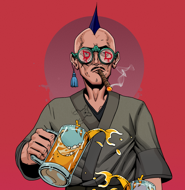 Raikou The Stoner — Degen Dojo NFT art (Tassel, Red High Moon, Degens, Puppy Kimono, Raikou The Stoner, Dojo Graffiti, Mohawk Spike, Beer Splash, Mint)