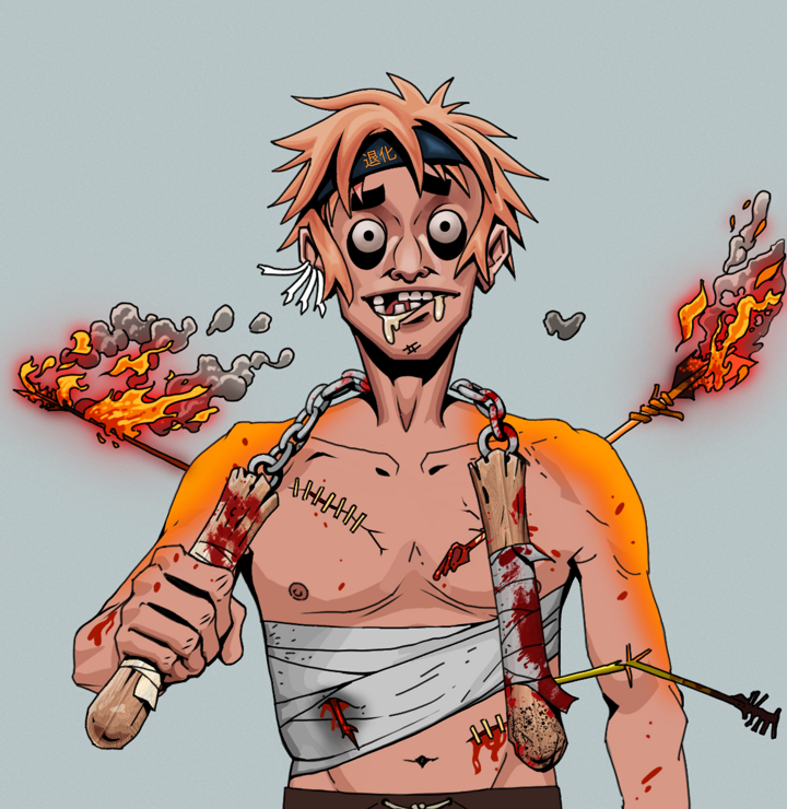 Drooling Azuma — Degen Dojo NFT art (Chicken Bones, Light Grey, Degens, Bloody Mess, Drooling Azuma, Shirtless Runt, Tiger Headband Ruffian, Bloody Nunchucks, Mint)