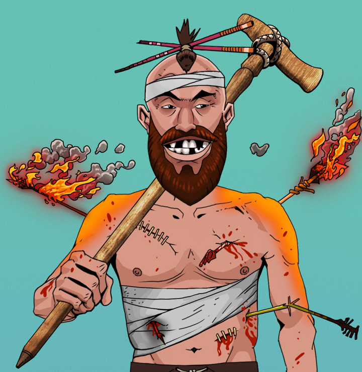 Igor The Bear — Degen Dojo NFT art (Shirtless Runt, Teal Daytime, Degens, Bloody Mess, Igor The Bear, Hair Bun With Chopsticks, Wooden Walking Cane, Mint)