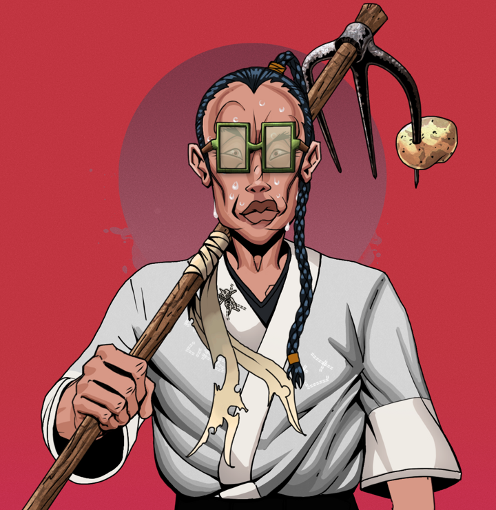 Stresshead Rin — Degen Dojo NFT art (Shirtless Runt, Red High Moon, Degens, No Honor Kimono, Stresshead Rin, Shoji Glasses, Braided Samurai Ponytail, Farmers Hoe, Mint)