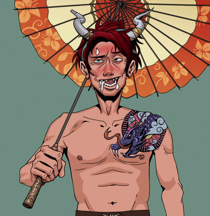 Yuuki — Degen Dojo NFT art (Shirtless Runt, Olive Green, Degens, Dragon Head Tattoo, Yuuki, Grey Oni Horns, Floral Parasol, Mint)