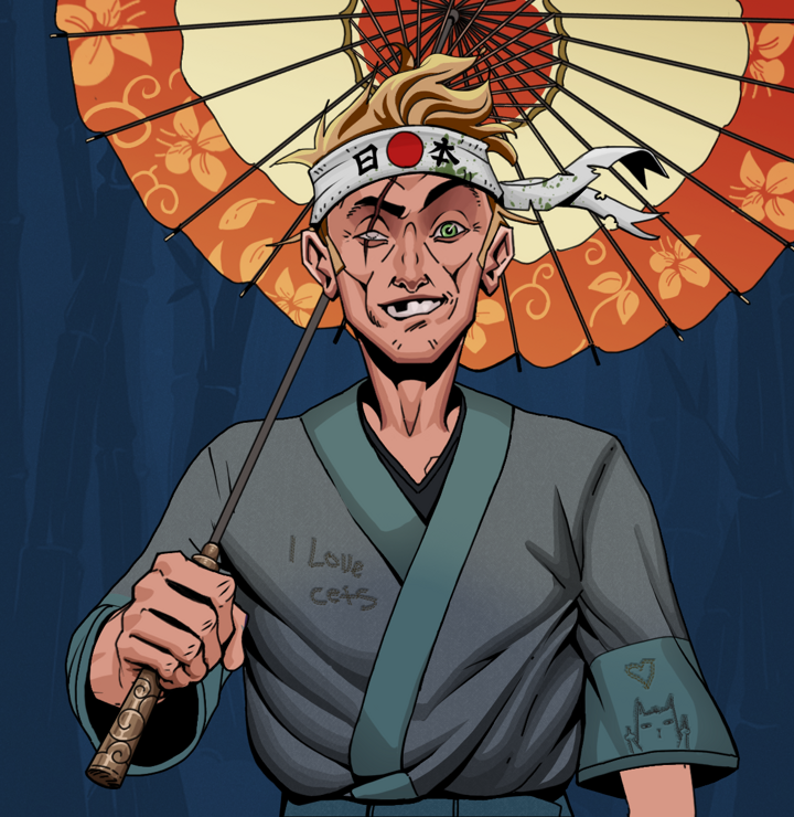 One-Eyed Itsuki — Degen Dojo NFT art (Shirtless Runt, Night Forest, Degens, Cet Kimono, One-Eyed Itsuki, Karate Headband, Floral Parasol, Mint)