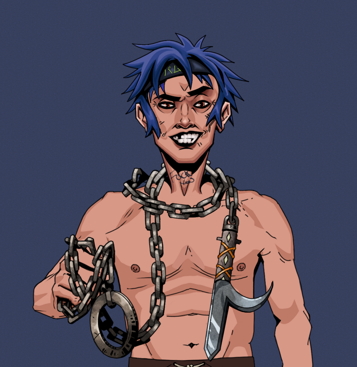 Junichiro — Degen Dojo NFT art (Shirtless Runt, Blue Evening, Degens, Junichiro, Bum Headband Ruffian, Heavy Kyoketsu, Mint)