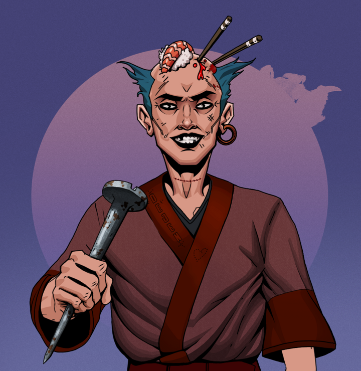 Junichiro Reborn — Degen Dojo NFT art (Wooden Loop, Purple Night, Degens, Proud Dejen Kimono, Junichiro Reborn, Shirtless Runt, Sushi Fight, Rusty Nail, Mint)