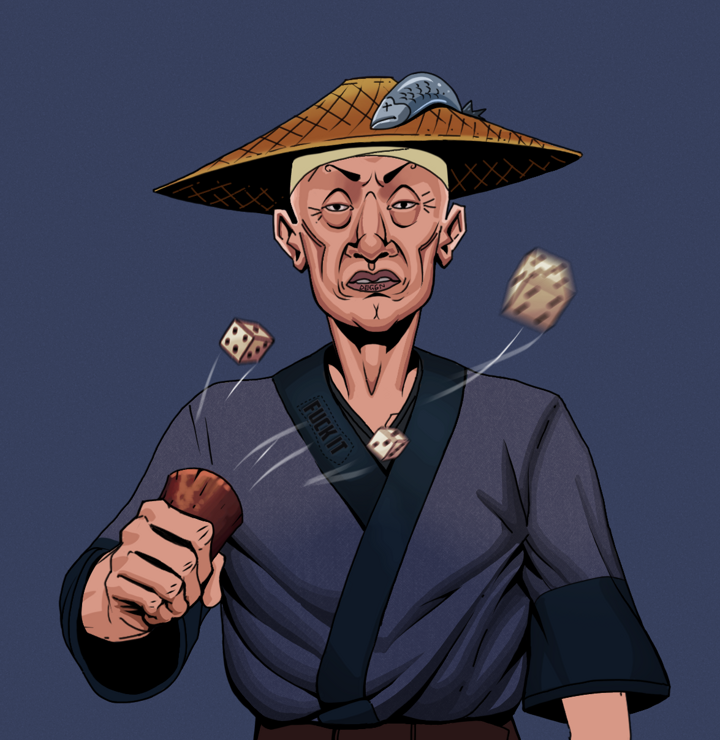 Goro — Degen Dojo NFT art (Shirtless Runt, Blue Evening, Degens, Fuck You Kimono, Goro, Wide Kasa Fisherman, Chō-Han Gambling Dice, Mint)