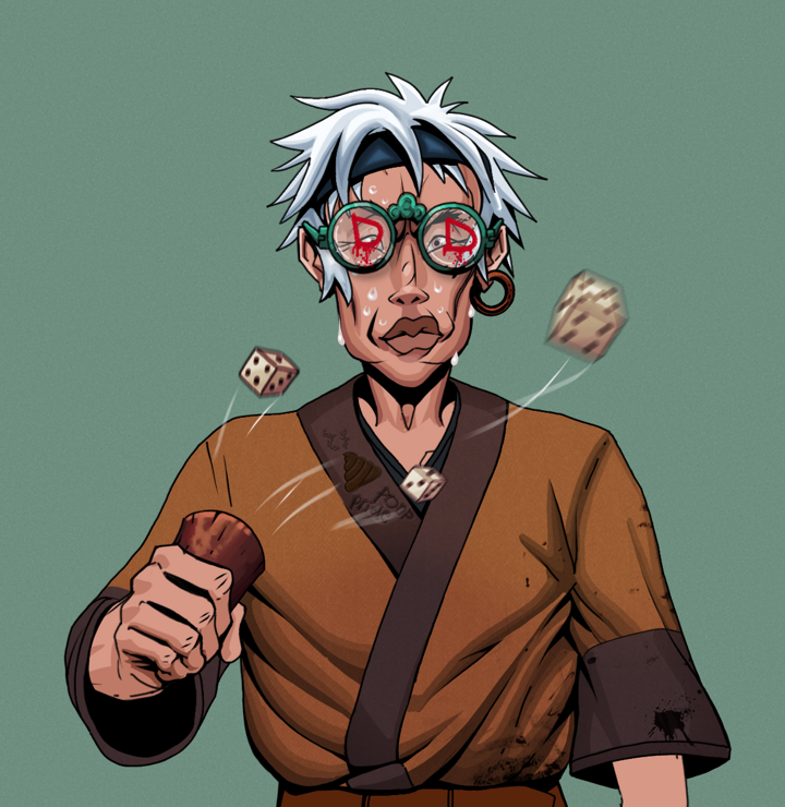 Stresshead Rin — Degen Dojo NFT art (Wooden Loop, Olive Green, Degens, Poop Pride Kimono, Stresshead Rin, Dojo Graffiti, White Ruffian, Chō-Han Gambling Dice, Mint)