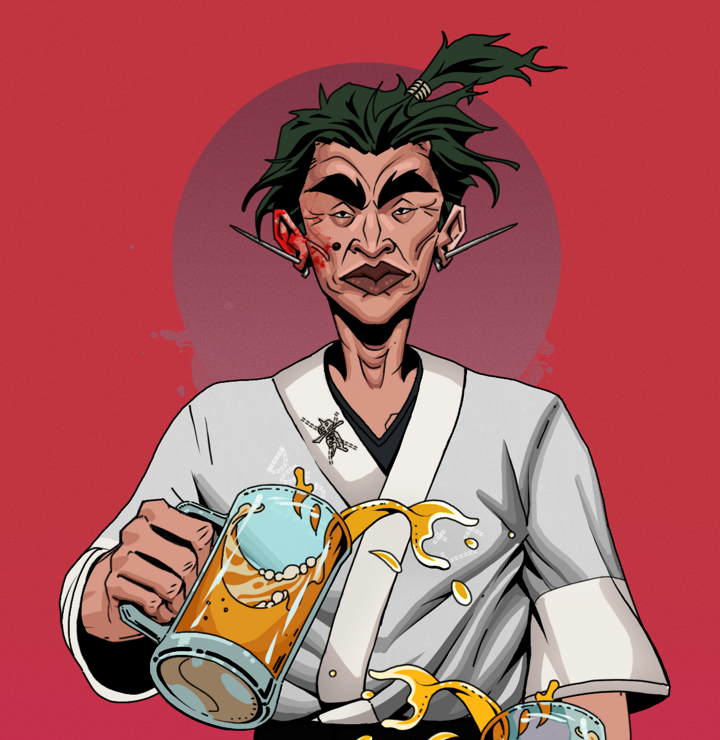 Young Yuji — Degen Dojo NFT art (Nails, Red High Moon, Degens, No Honor Kimono, Young Yuji, Shirtless Runt, Messy Ponytail, Beer Splash, Mint)