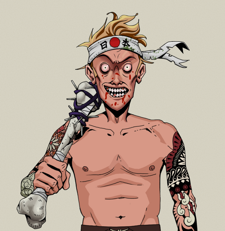 Assassin Fuzen — Degen Dojo NFT art (Shirtless Runt, Warm Grey, Degens, Yakuza Tattoo Sleeves, Assassin Fuzen, Karate Headband, Spiky Femur, Mint)