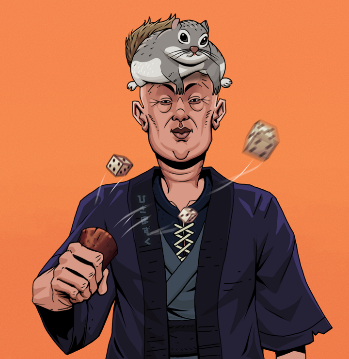 Fat Bob — Degen Dojo NFT art (Shirtless Runt, Orange Afternoon, Degens, Daimyo Warrior Kimono, Fat Bob, Mr. Momonga Hat, Chō-Han Gambling Dice, Mint)