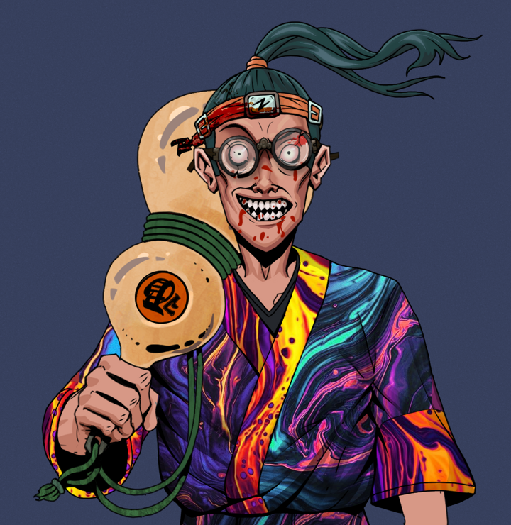 Assassin Fuzen — Degen Dojo NFT art (Shirtless Runt, Blue Evening, Degens, Rainbow Kimono, Assassin Fuzen, Bloodied Glasses, Green Bandana, Giant Sake Bottle, Mint)