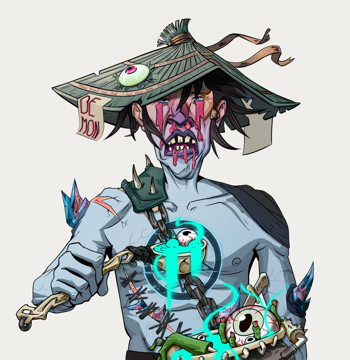 Teary Goro — Degen Dojo NFT art (Shirtless Runt, Warm Grey, Demons, Recovering Alcoholic, Teary Goro, High Straw Rice Hat, Shaman Soup, Mint)