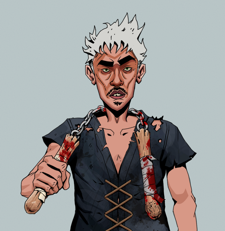 Gloomy Masumi — Degen Dojo NFT art (Shirtless Runt, Light Grey, Degens, Black Peasant Sack, Gloomy Masumi, Short Spiky Grey, Bloody Nunchucks, Mint)