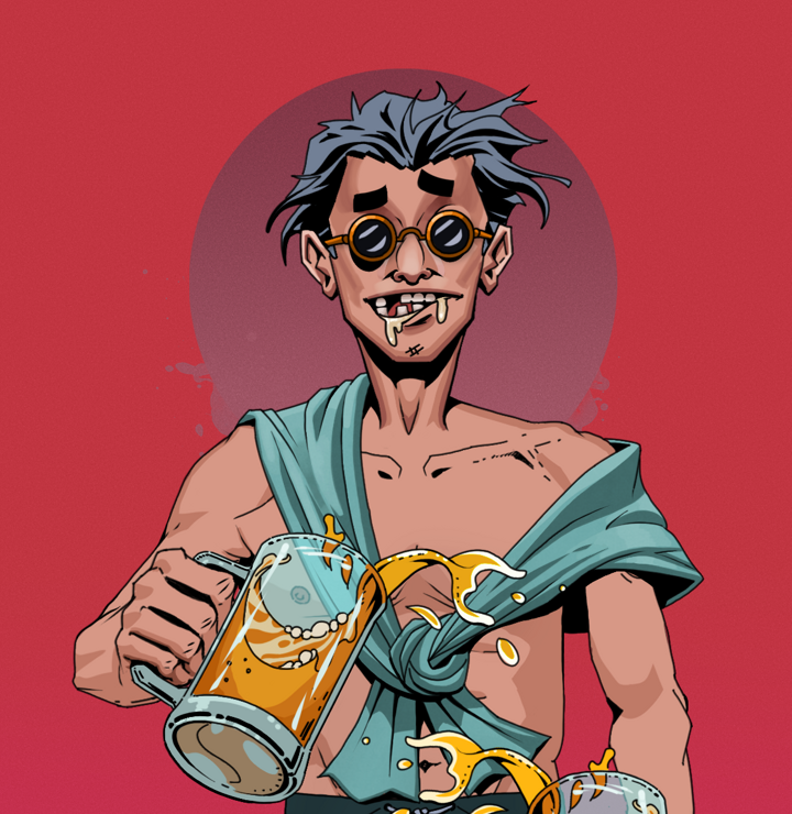 Drooling Azuma — Degen Dojo NFT art (Shirtless Runt, Red High Moon, Degens, Queeny Chic, Drooling Azuma, Dark Spectacles, Wavy, Beer Splash, Mint)