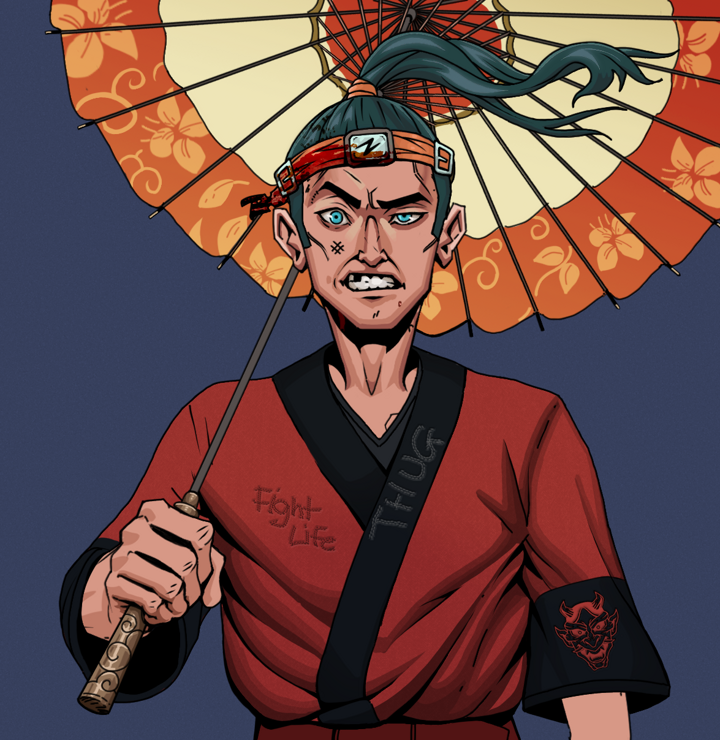Akuma — Degen Dojo NFT art (Shirtless Runt, Blue Evening, Degens, Red Oni Kimono, Akuma, Green Bandana, Floral Parasol, Mint)