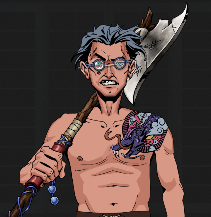 Akuma — Degen Dojo NFT art (Shirtless Runt, Shoji Night, Degens, Dragon Head Tattoo, Akuma, Spectacles, Wavy, Broken Nagatina, Mint)