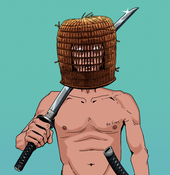 Shitless Botan — Degen Dojo NFT art (Shirtless Runt, Teal Daytime, Degens, Nudey Freak, Shitless Botan, Tengai Basket, Katana, Mint)