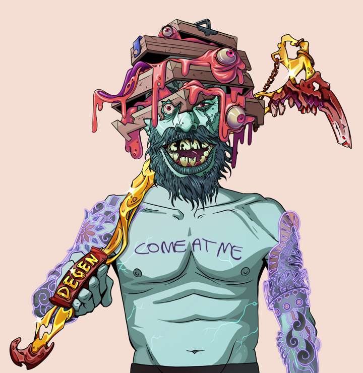Igor The Bear — Degen Dojo NFT art (Shirtless Runt, Orange Afternoon, Demons, Black Yakuza Sleeves, Igor The Bear, Tengai Basket, Golden Walking Cane, Mint)