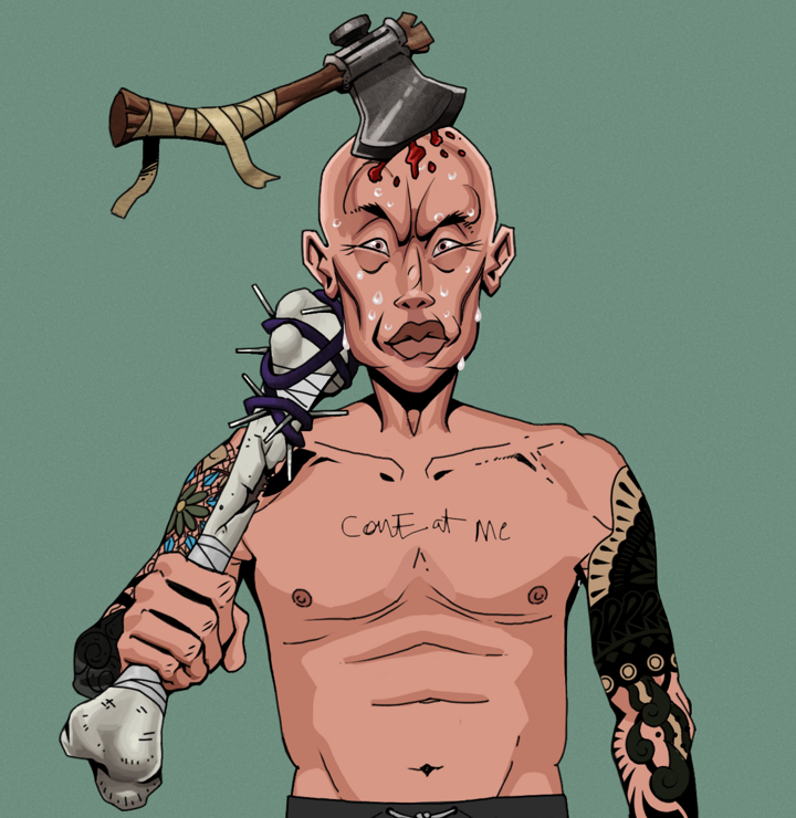 Stresshead Rin — Degen Dojo NFT art (Shirtless Runt, Olive Green, Degens, Black Yakuza Sleeves, Stresshead Rin, Splitting Axe Ache, Spiky Femur, Mint)