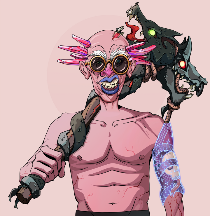 Young Yuji — Degen Dojo NFT art (Shirtless Runt, Red High Moon, Demons, Skull Sleeve, Young Yuji, Dark Spectacles, Dejen Mohawk, Wooden Warhammer, Mint)