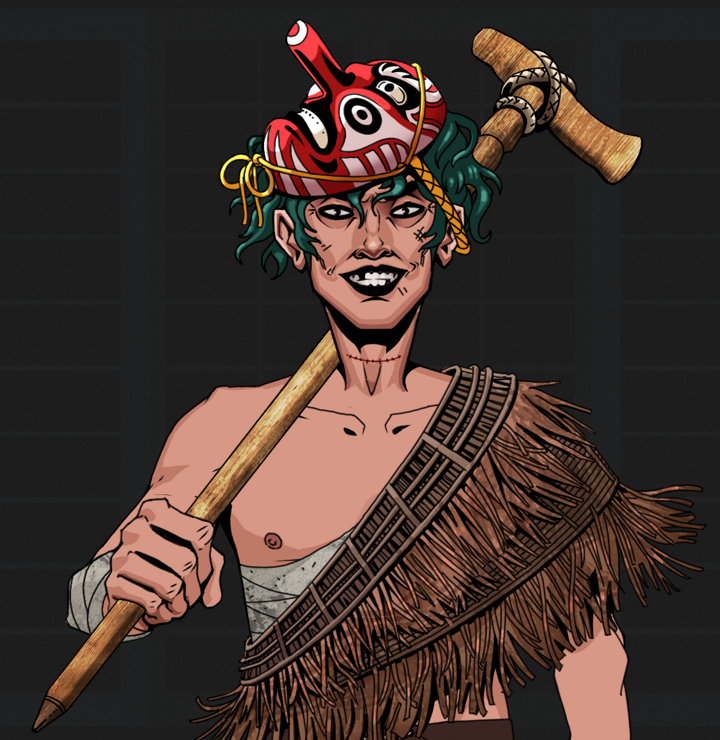 Junichiro Reborn — Degen Dojo NFT art (Shirtless Runt, Shoji Night, Degens, Dried Straw, Junichiro Reborn, Tengu Mask, Wooden Walking Cane, Mint)