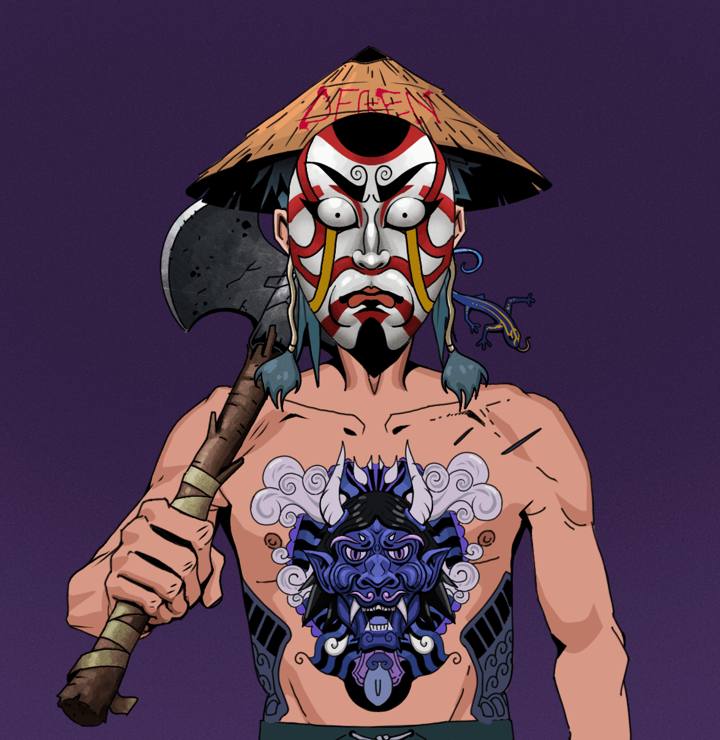 Masumi Steel — Degen Dojo NFT art (Lizard, Purple Evening, Degens, Midnight Oni Tattoo, Masumi Steel, Kitsune Mask, Degen Graffiti Rice Hat, Axe, Mint)