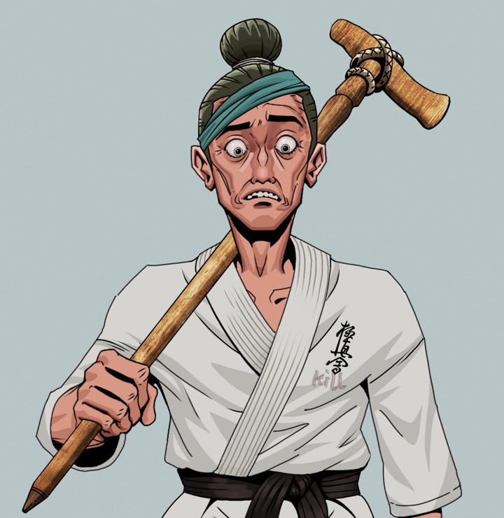 Shitless Botan — Degen Dojo NFT art (Shirtless Runt, Light Grey, Degens, Student Gi, Shitless Botan, Hair Bun, Wooden Walking Cane, Mint)
