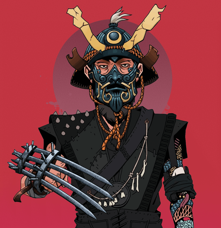 Serious Oleg — Degen Dojo NFT art (Shirtless Runt, Red High Moon, Degens, Warlock Wannabe, Serious Oleg, Tatami Kabuto, Tekko-Kagi Claws, Mint)
