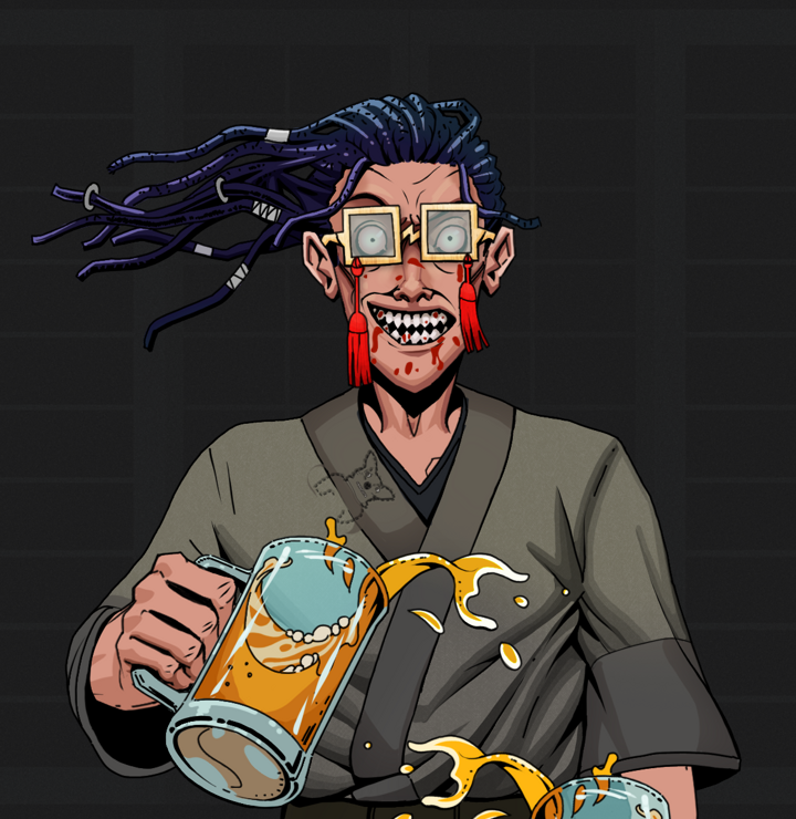 Assassin Fuzen — Degen Dojo NFT art (Shirtless Runt, Shoji Night, Degens, Puppy Kimono, Assassin Fuzen, Shoji Tassel Glasses, Flowing Dreads, Beer Splash, Mint)