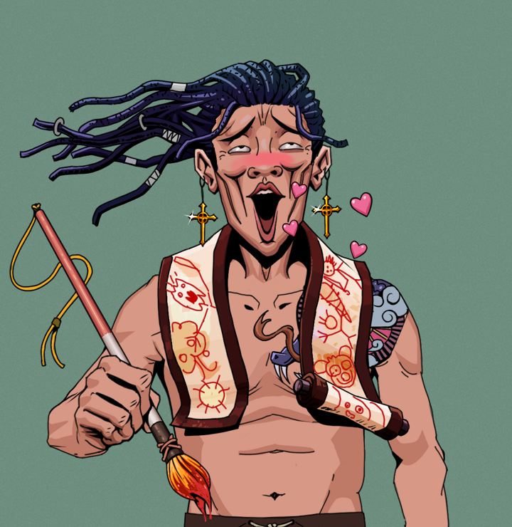 Lovey Haruto — Degen Dojo NFT art (Golden Jesuit Crosses, Olive Green, Degens, Dragon Head Tattoo, Lovey Haruto, Shirtless Runt, Flowing Dreads, Paintbrush, Mint)