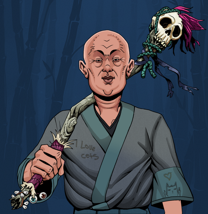 Fat Bob — Degen Dojo NFT art (Shirtless Runt, Night Forest, Degens, Cet Kimono, Fat Bob, Bald, Shaman Skull Staff, Mint)