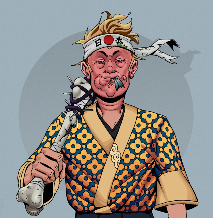 Fatty Bobsticks — Degen Dojo NFT art (Shirtless Runt, Grey Mist, Degens, Yellow Flowers Silk Kimono, Fatty Bobsticks, Karate Headband, Spiky Femur, Mint)