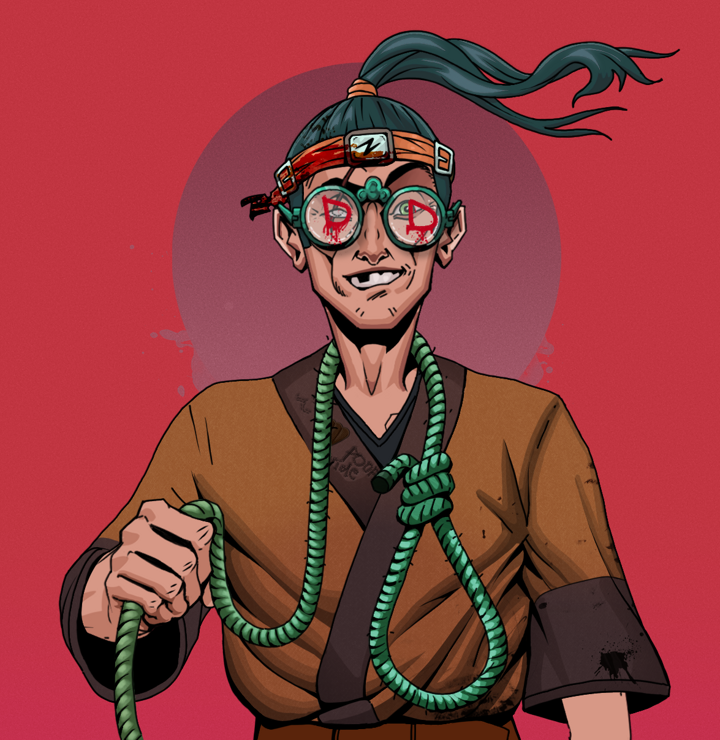 One-Eyed Itsuki — Degen Dojo NFT art (Shirtless Runt, Red High Moon, Degens, Poop Pride Kimono, One-Eyed Itsuki, Dojo Graffiti, Green Bandana, Noose, Mint)